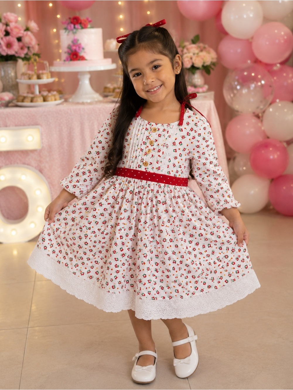 Wildflowers White Dress with Red & yellow Floral white eyelet lace trim